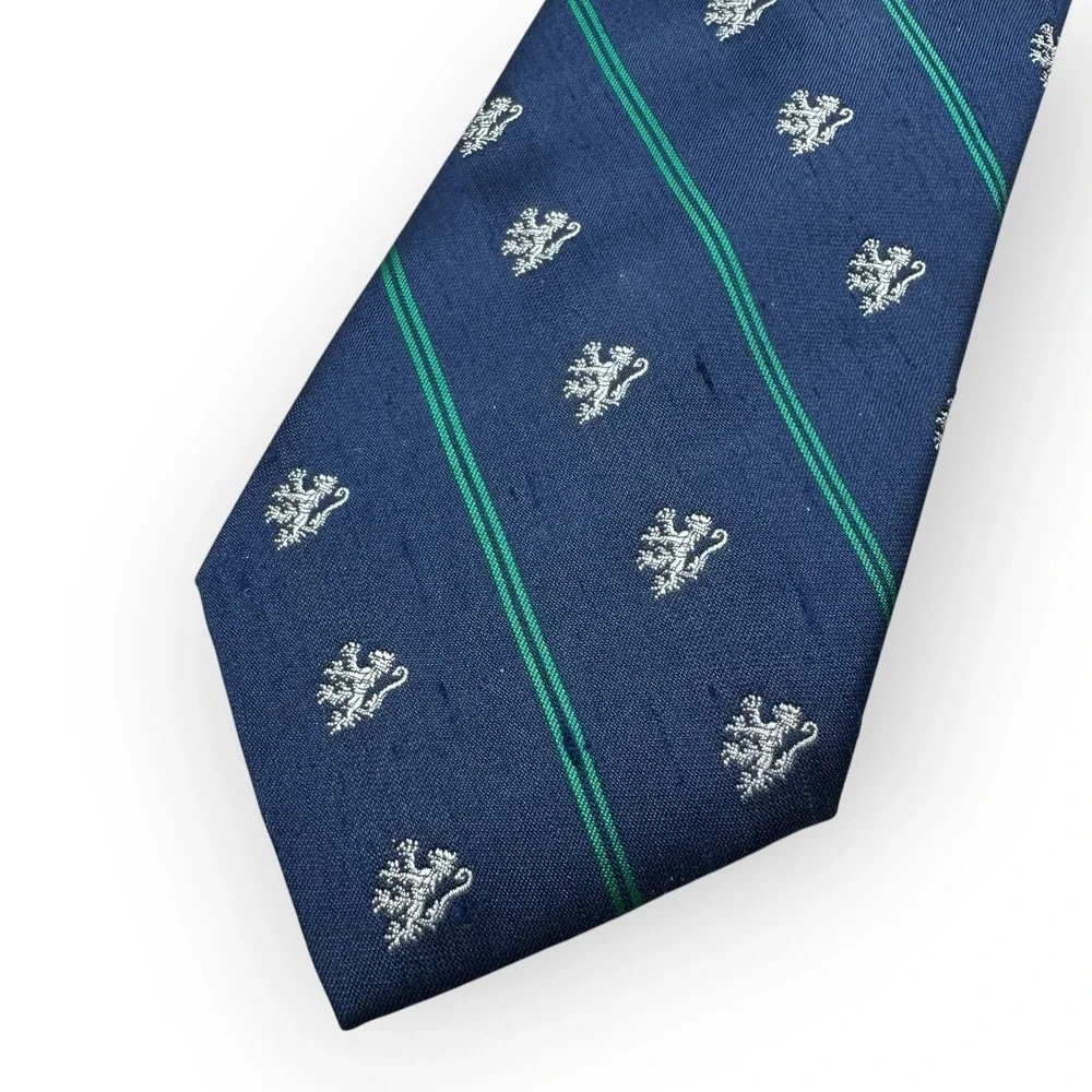 Briar Pride of England Navy Blue Rampant Lion Crest Green Stripe Silk Necktie